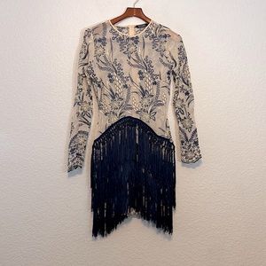 Lace mesh floral embroidered fringe gatsby deco dress